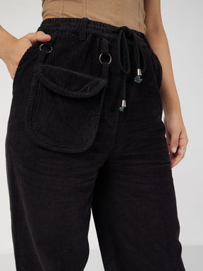 Black Corduroy Pouch Pocket Drawstring Pants-SASSAFRAS