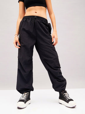 Black Pleated Knee Cargo Parachute Pants-SASSAFRAS