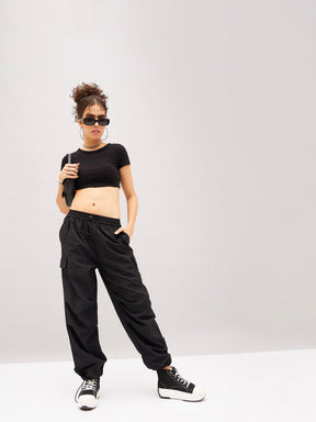 Black Pleated Knee Cargo Parachute Pants-SASSAFRAS