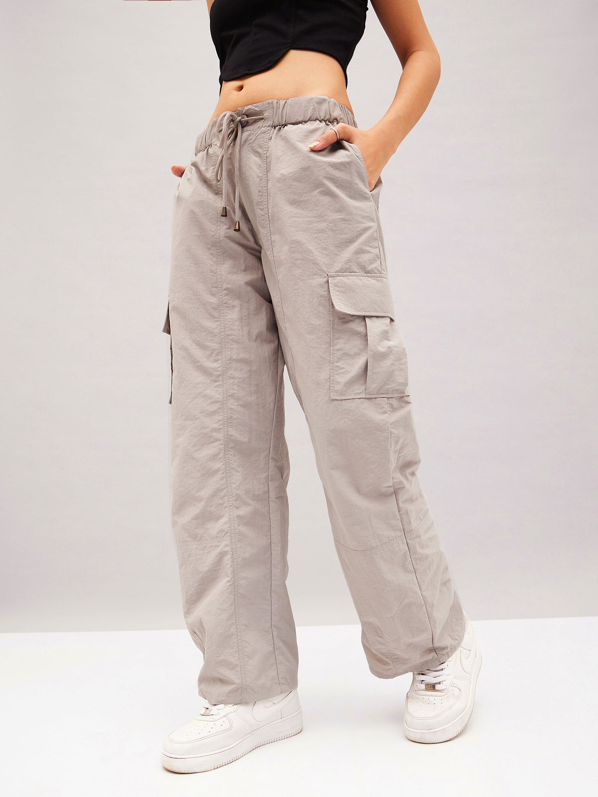 Light Grey Flap Pocket Cargo Parachute Pants-SASSAFRAS