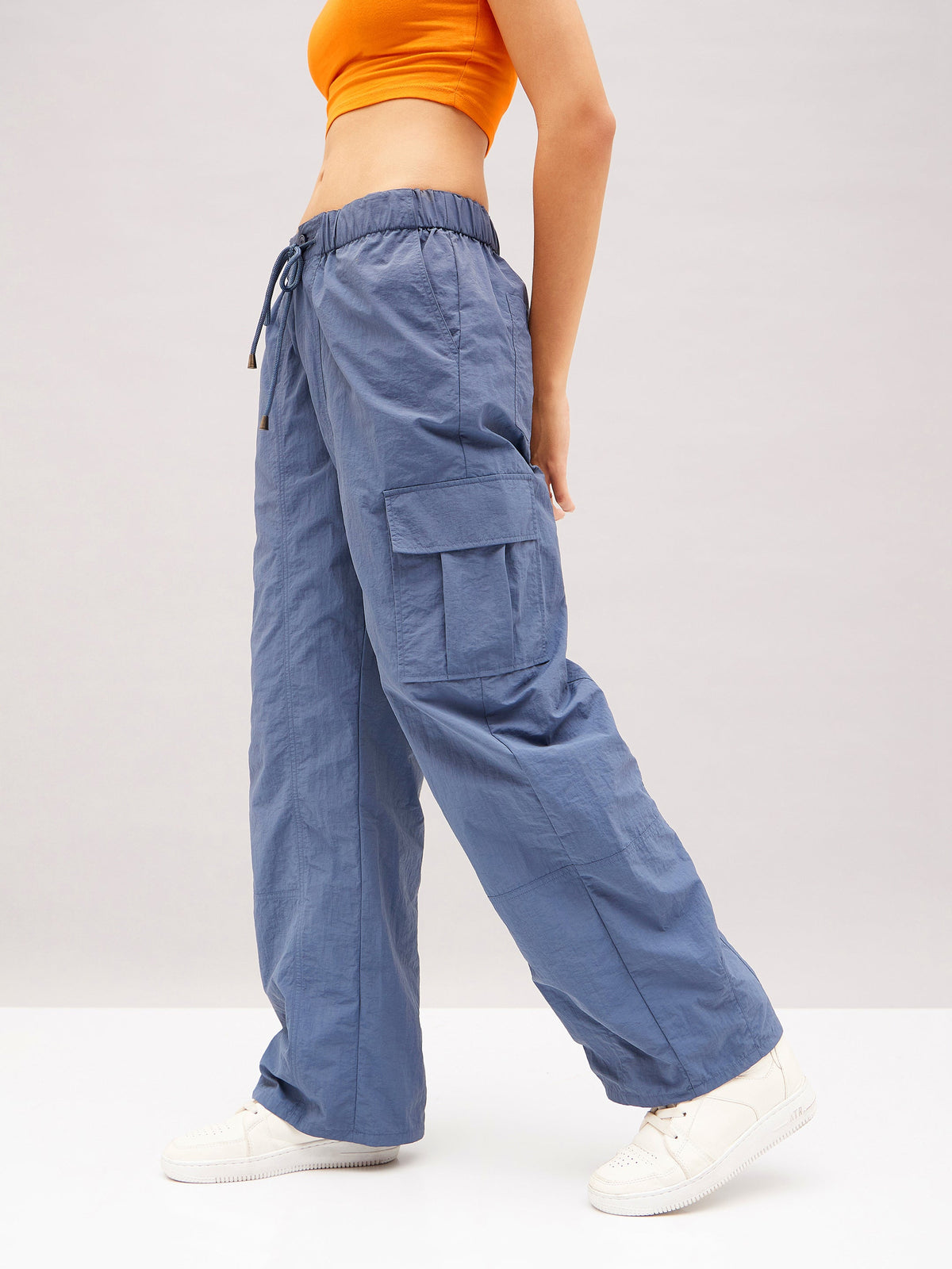 Blue Flap Pocket Cargo Parachute Pants-SASSAFRAS