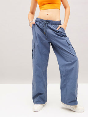 Blue Flap Pocket Cargo Parachute Pants-SASSAFRAS