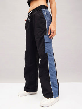 Black Colour Block Cargo Parachute Pants-SASSAFRAS