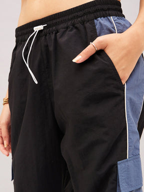 Black Colour Block Cargo Parachute Pants-SASSAFRAS