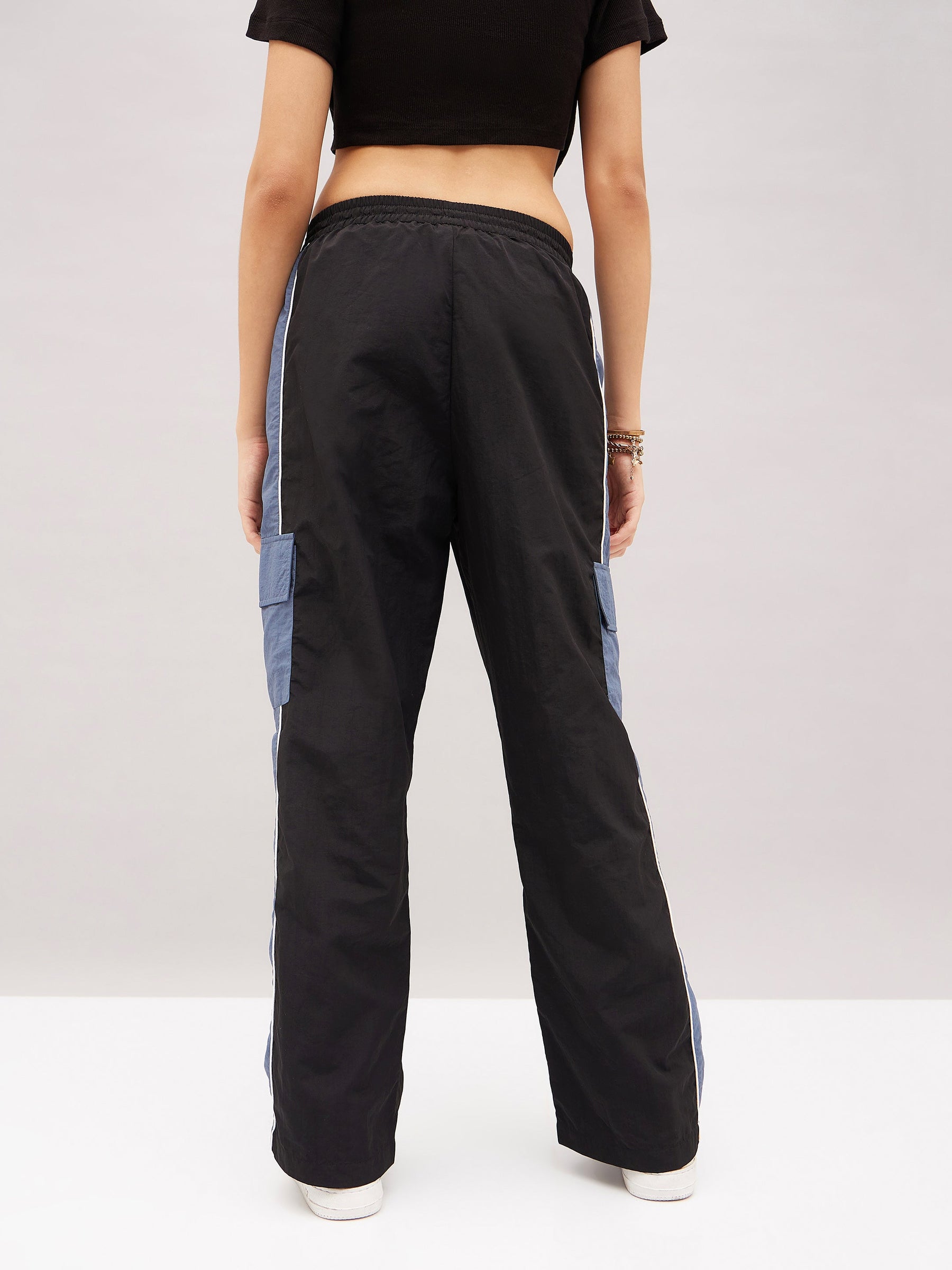 Black Colour Block Cargo Parachute Pants-SASSAFRAS