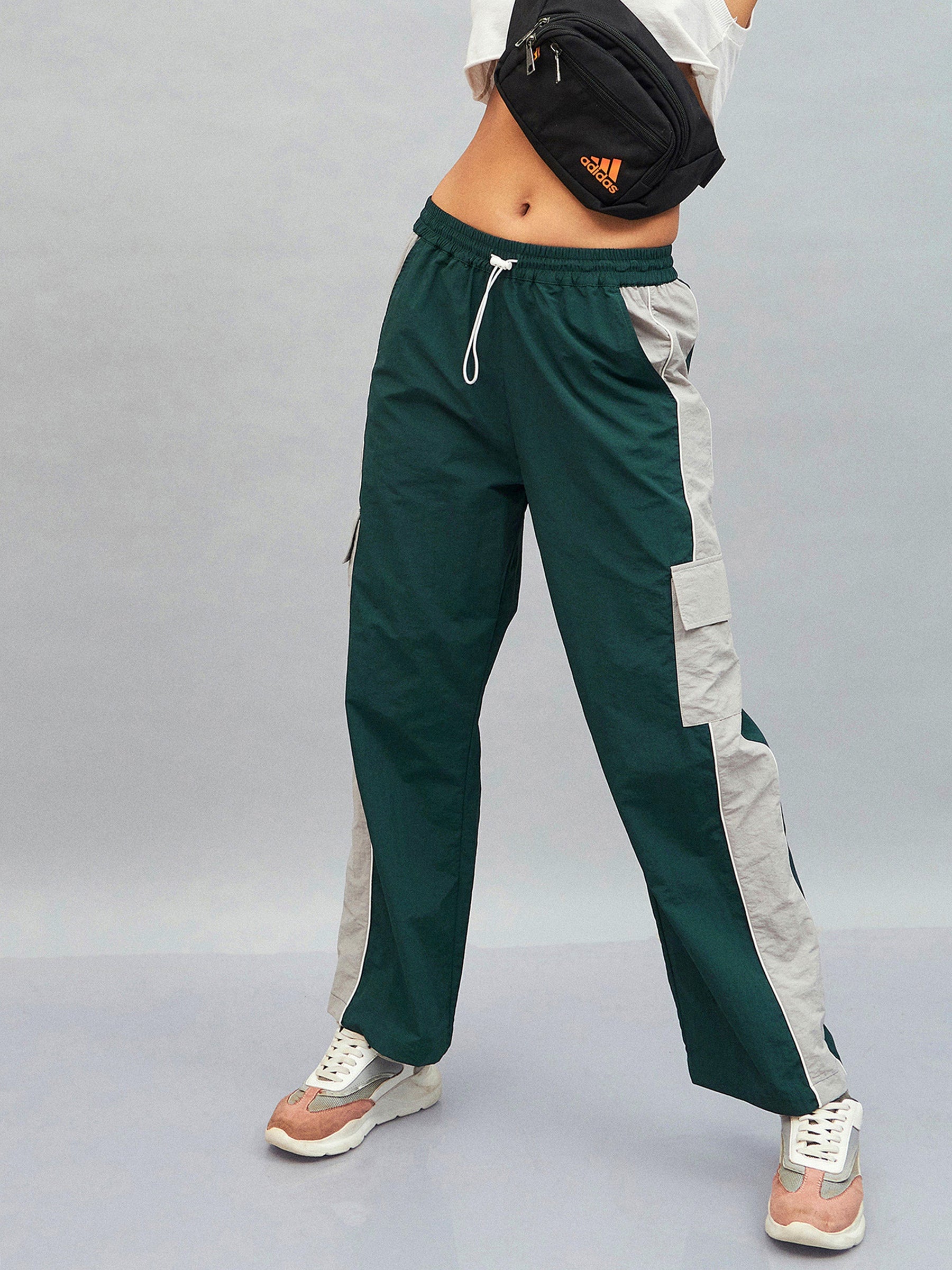 Green Colour Block Cargo Parachute Pants-SASSAFRAS