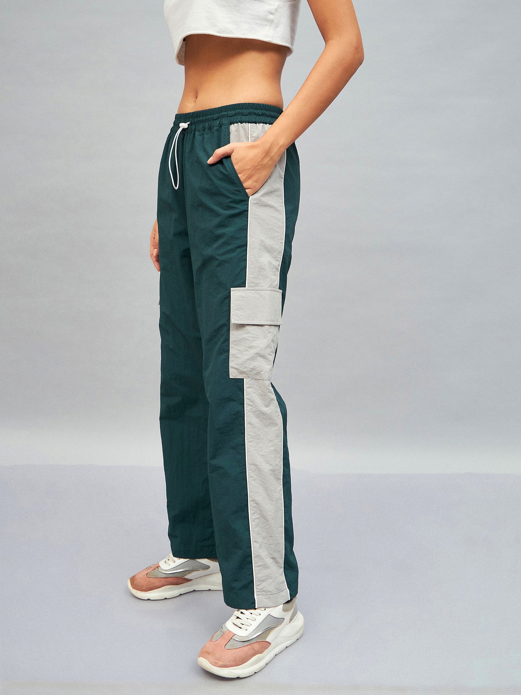 Green Colour Block Cargo Parachute Pants-SASSAFRAS