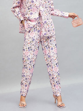 Pink Satin Floral Darted Pants-SASSAFRAS