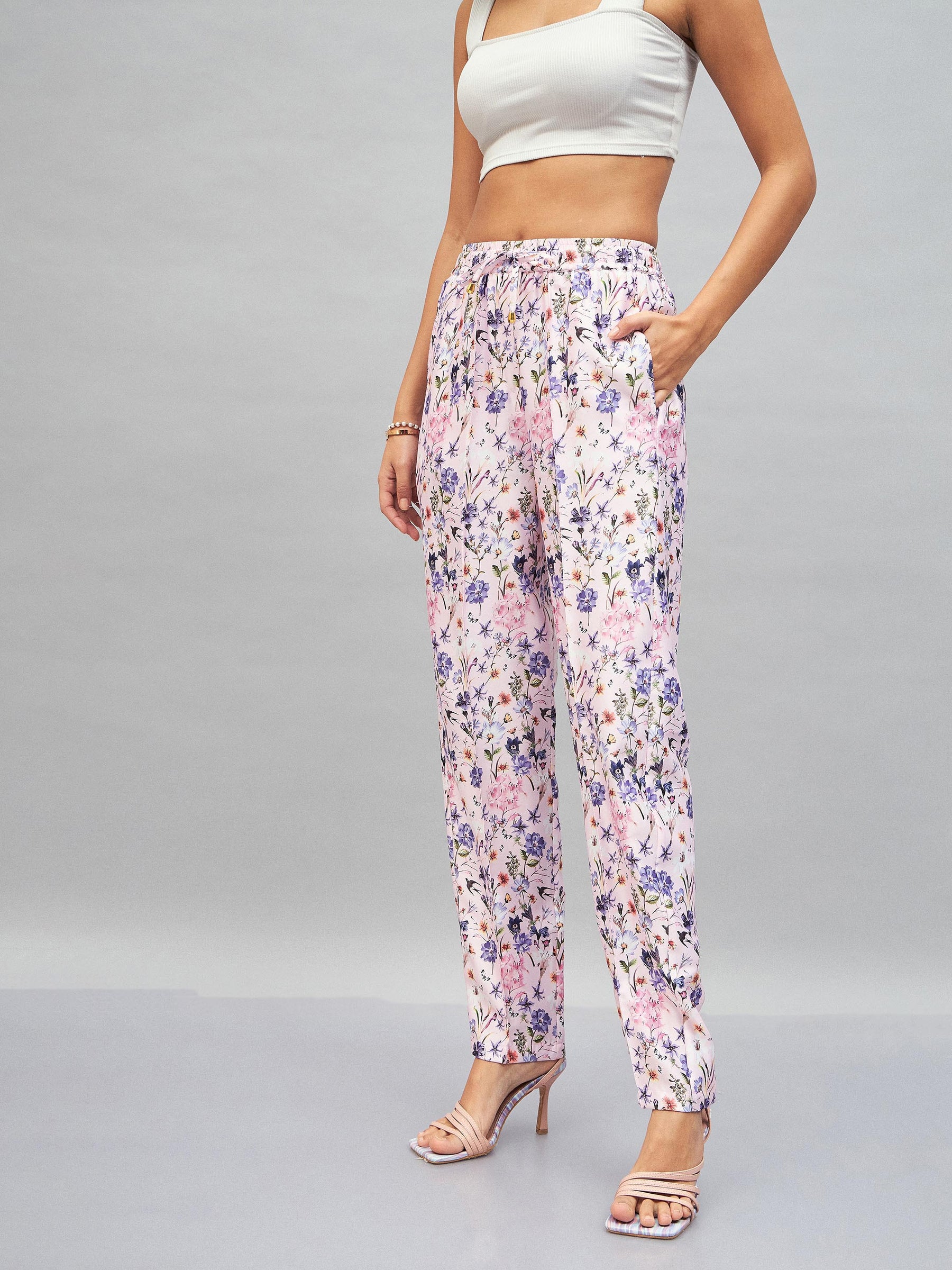 Pink Satin Floral Darted Pants-SASSAFRAS