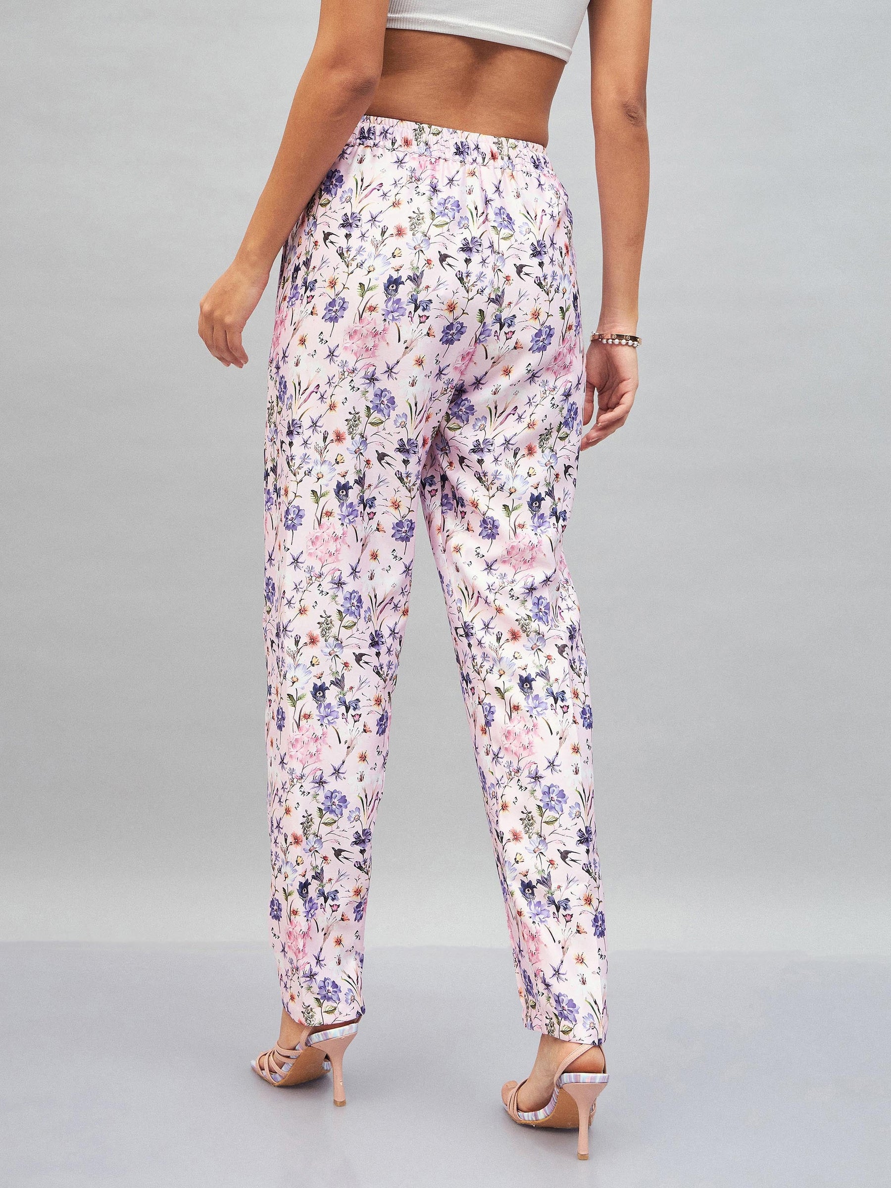 Pink Satin Floral Darted Pants-SASSAFRAS