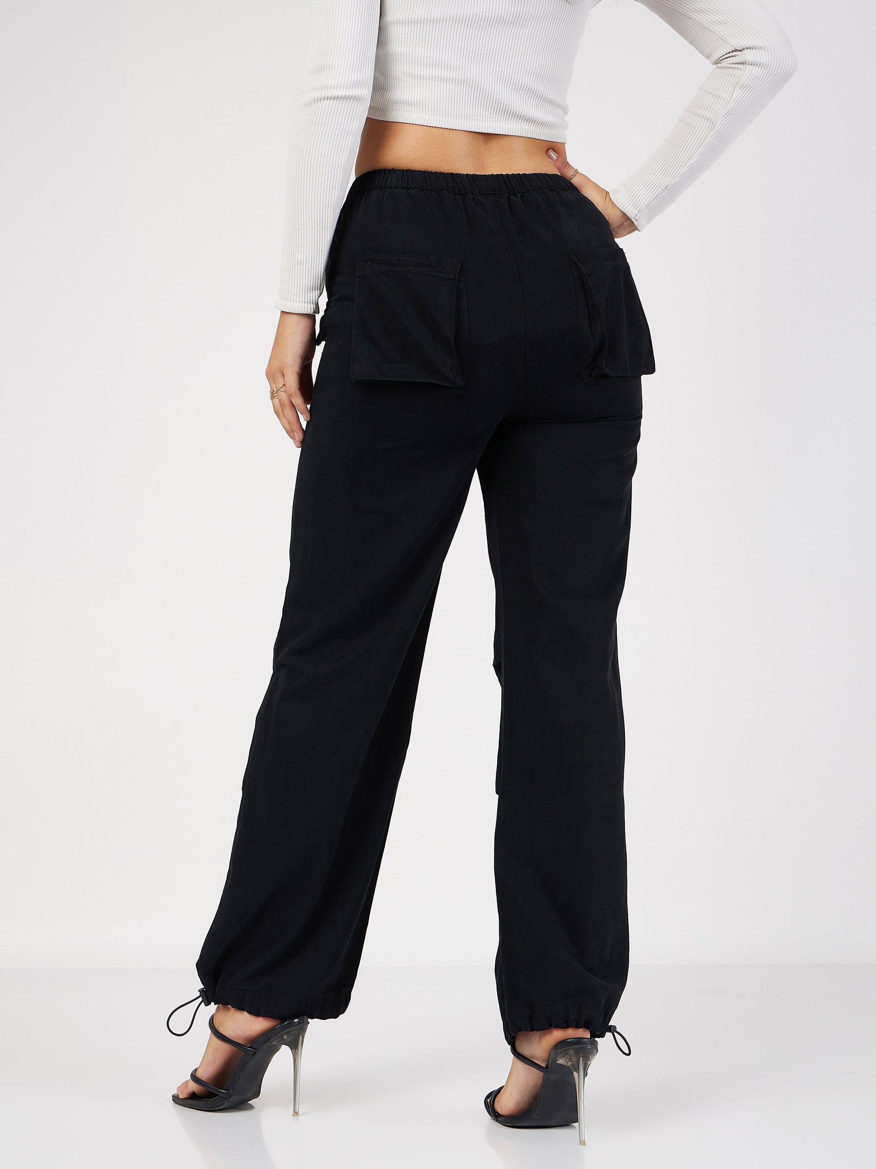 Black Denim Baggy Fit Cargo Pants-SASSAFRAS