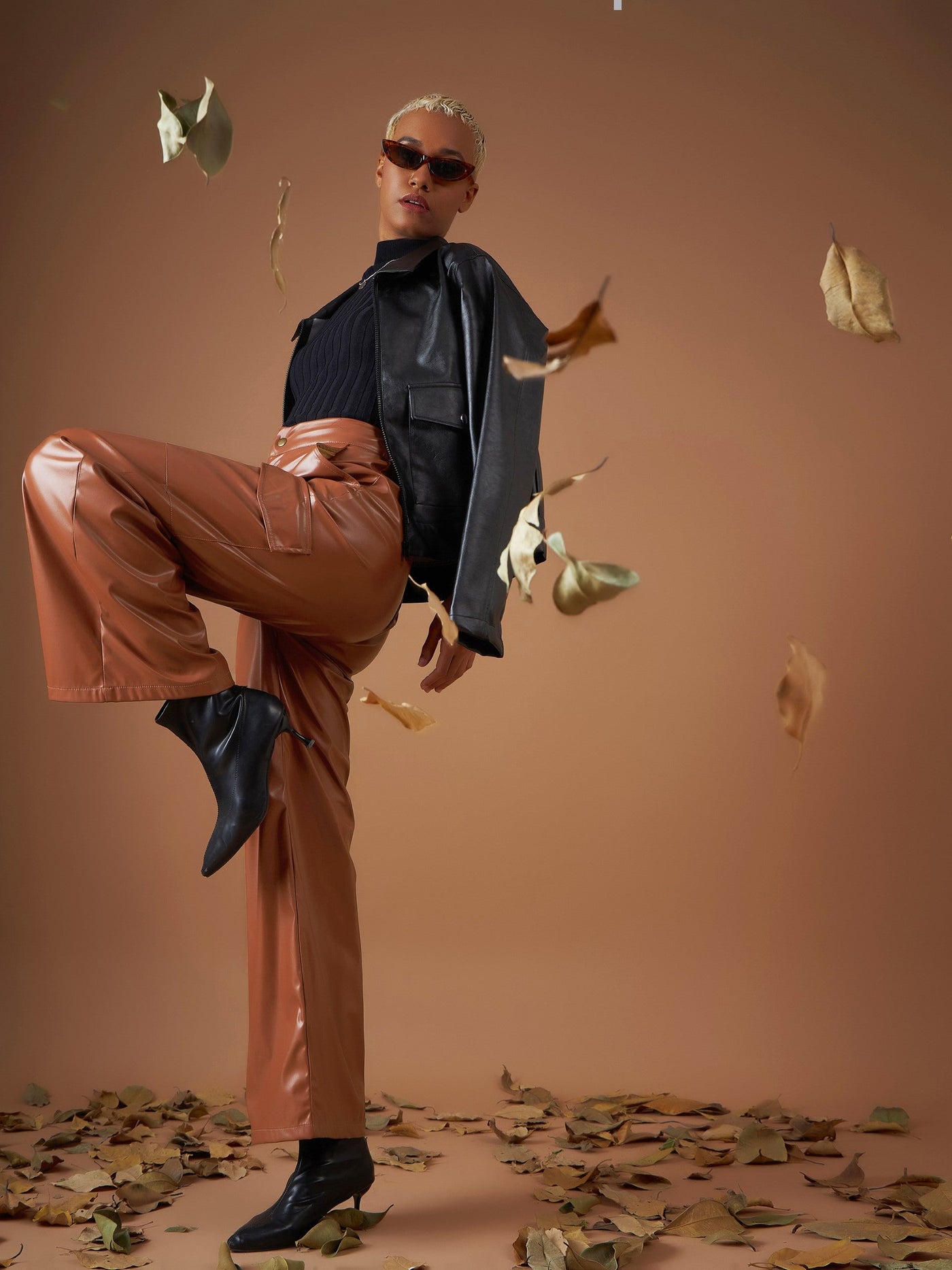 Brown PU Flap Pocket Straight Pants-SASSAFRAS