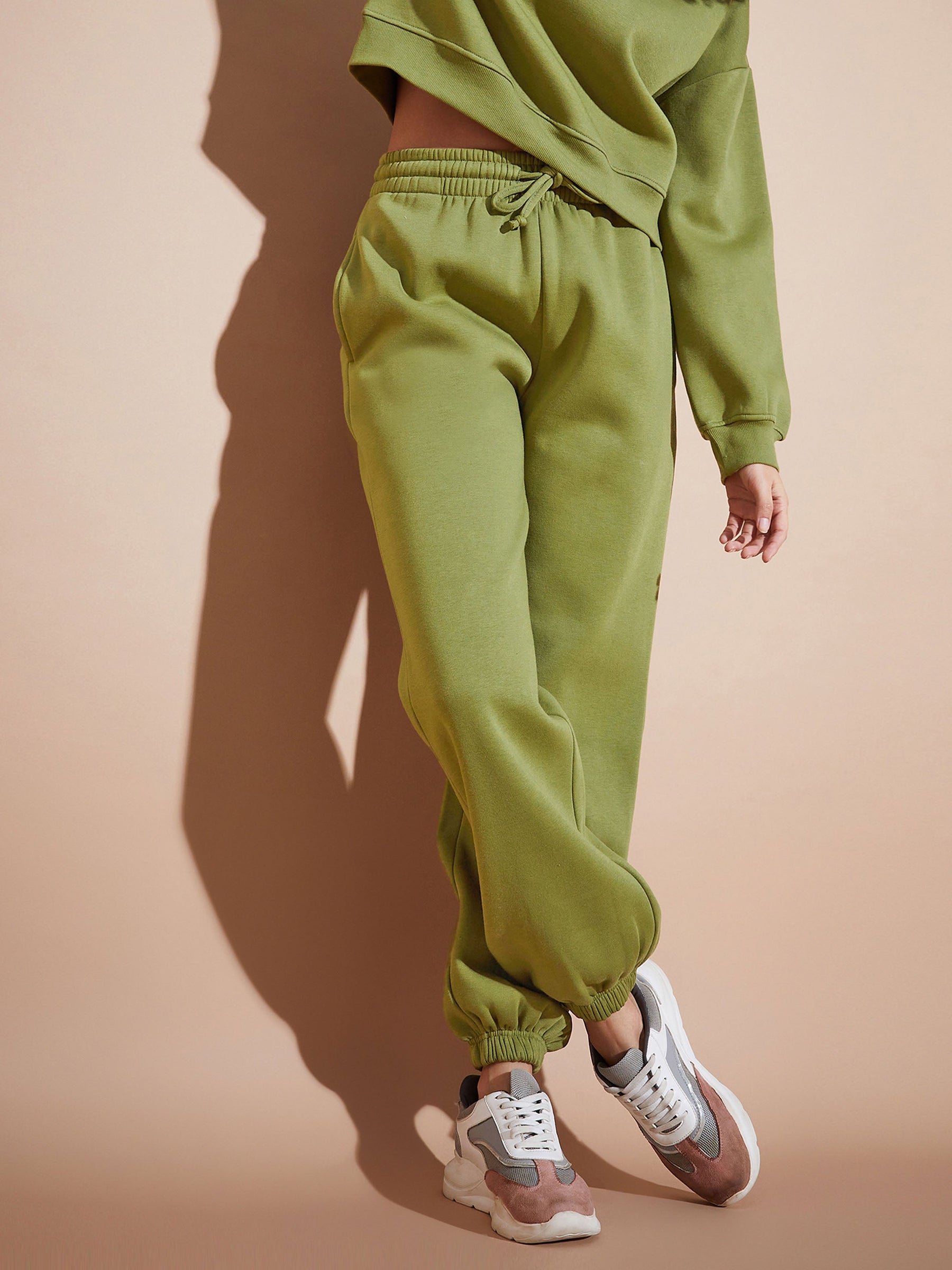 Buy Women Olive Green Regular Fit Solid Joggers - Trousers for Women