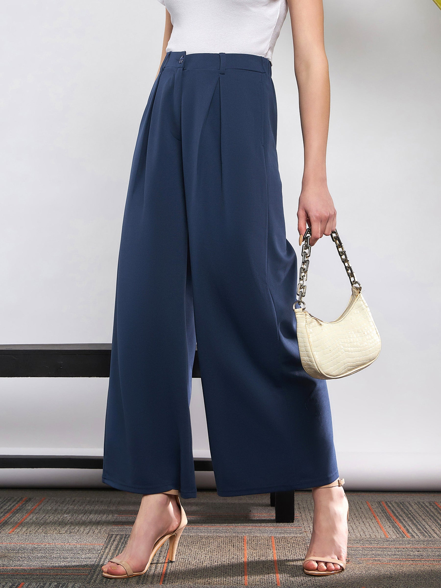 Women Blue Front Pleated Loose Fit Korean Pants - Main Image