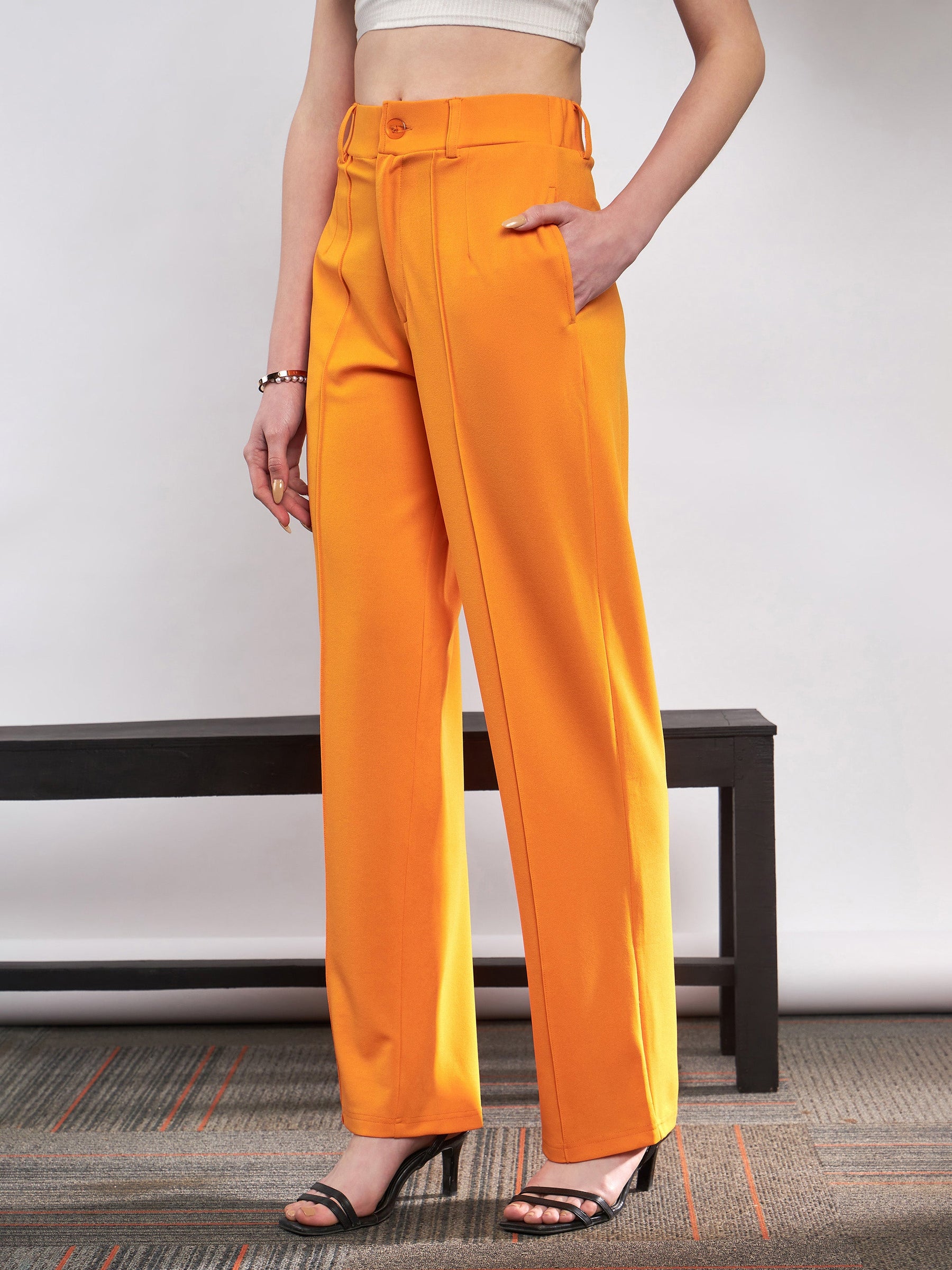 Women Solid Light Orange Cotton Mid Rise Kurti Pants