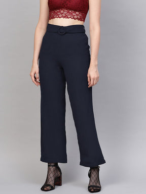 Navy Flared Buckle Belted Pant-Pants-SASSAFRAS