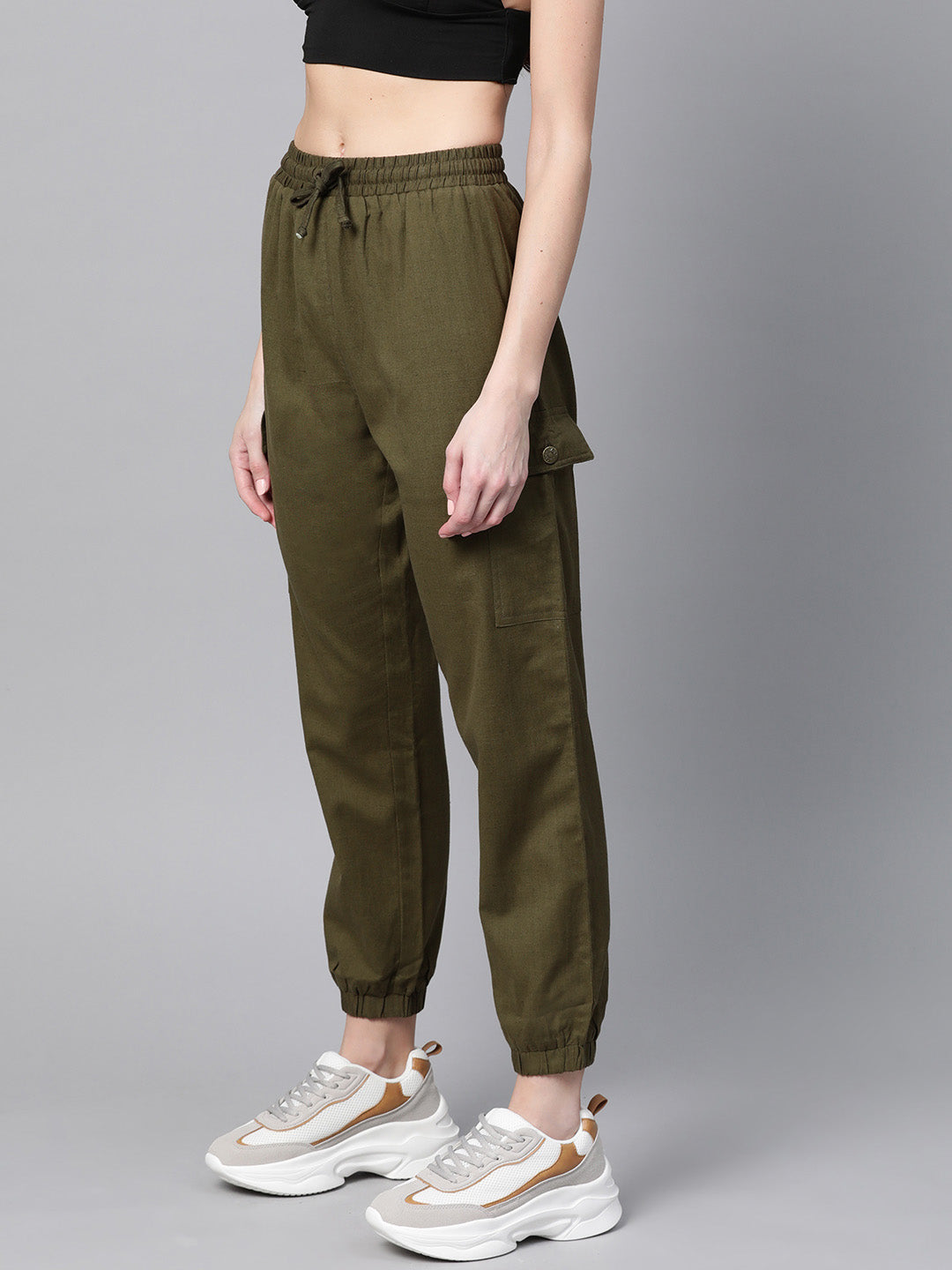 Buy Women Olive Green Regular Fit Solid Joggers - Trousers for Women