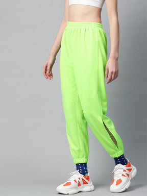 Buy Women Neon Green Side Slit Fleece Jogger Pants Online At Best Price   Sassafrasin