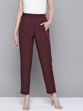 Burgundy Front Pleat Tapered Pants-Pants-SASSAFRAS