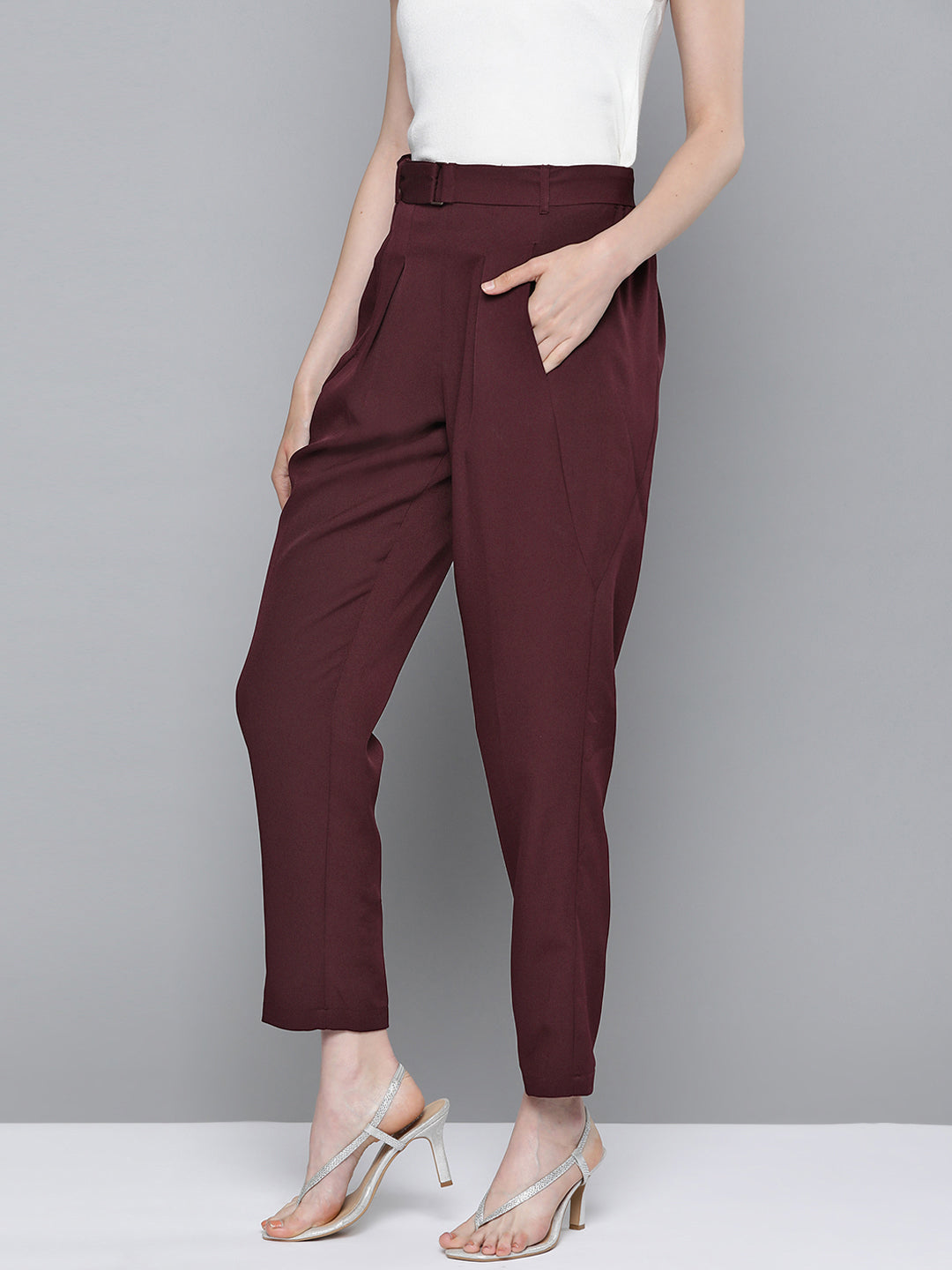 Burgundy Front Pleat Tapered Pants