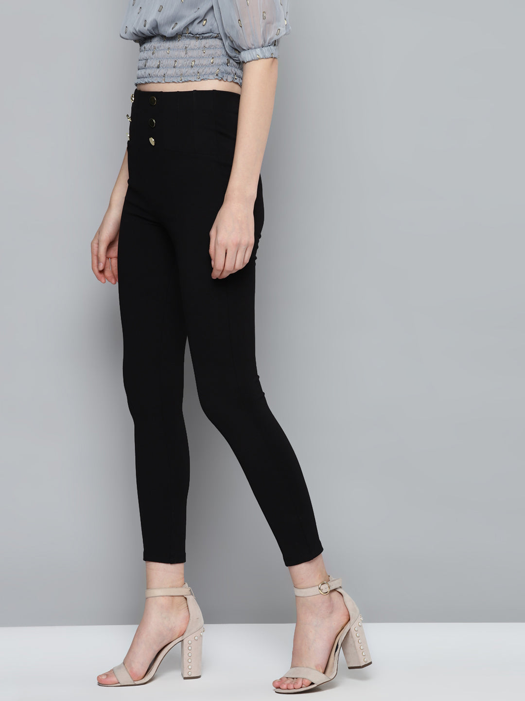 High Waist Treggings With Button-Fly Detail - Black