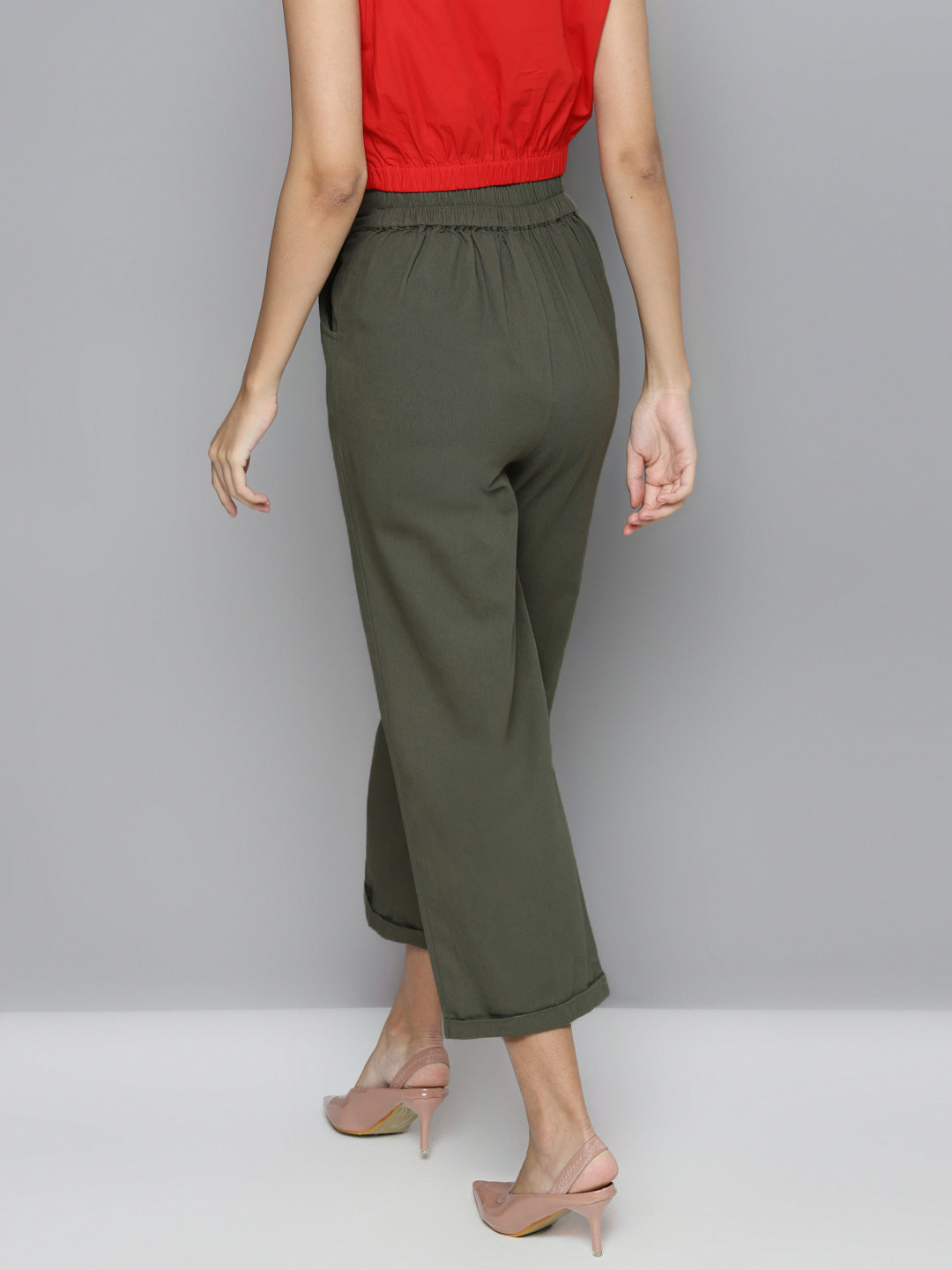 Women Olive Green Solid High-Rise Skinny Fit Formal Trouser