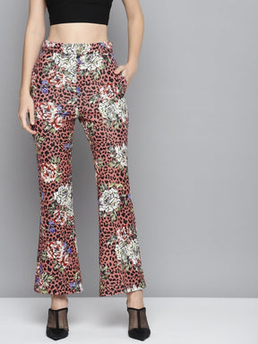 Pink Scuba Animal Floral Bell Bottom Pants-Pants-SASSAFRAS