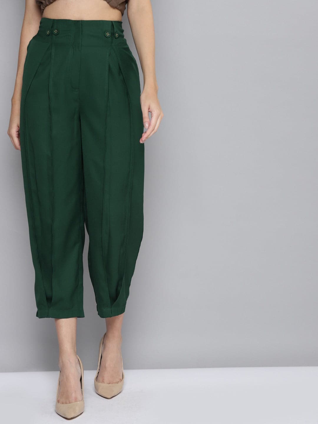 Women Emerald Green Front Pleat Pants-Pants-SASSAFRAS