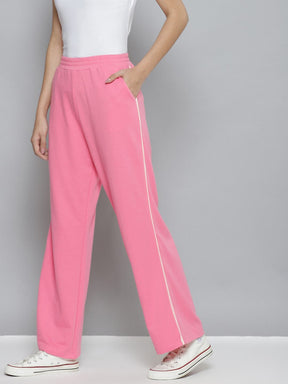 Women Pink Terry ACTIVE Contrast Piping Straight Pants-Track Pants-SASSAFRAS
