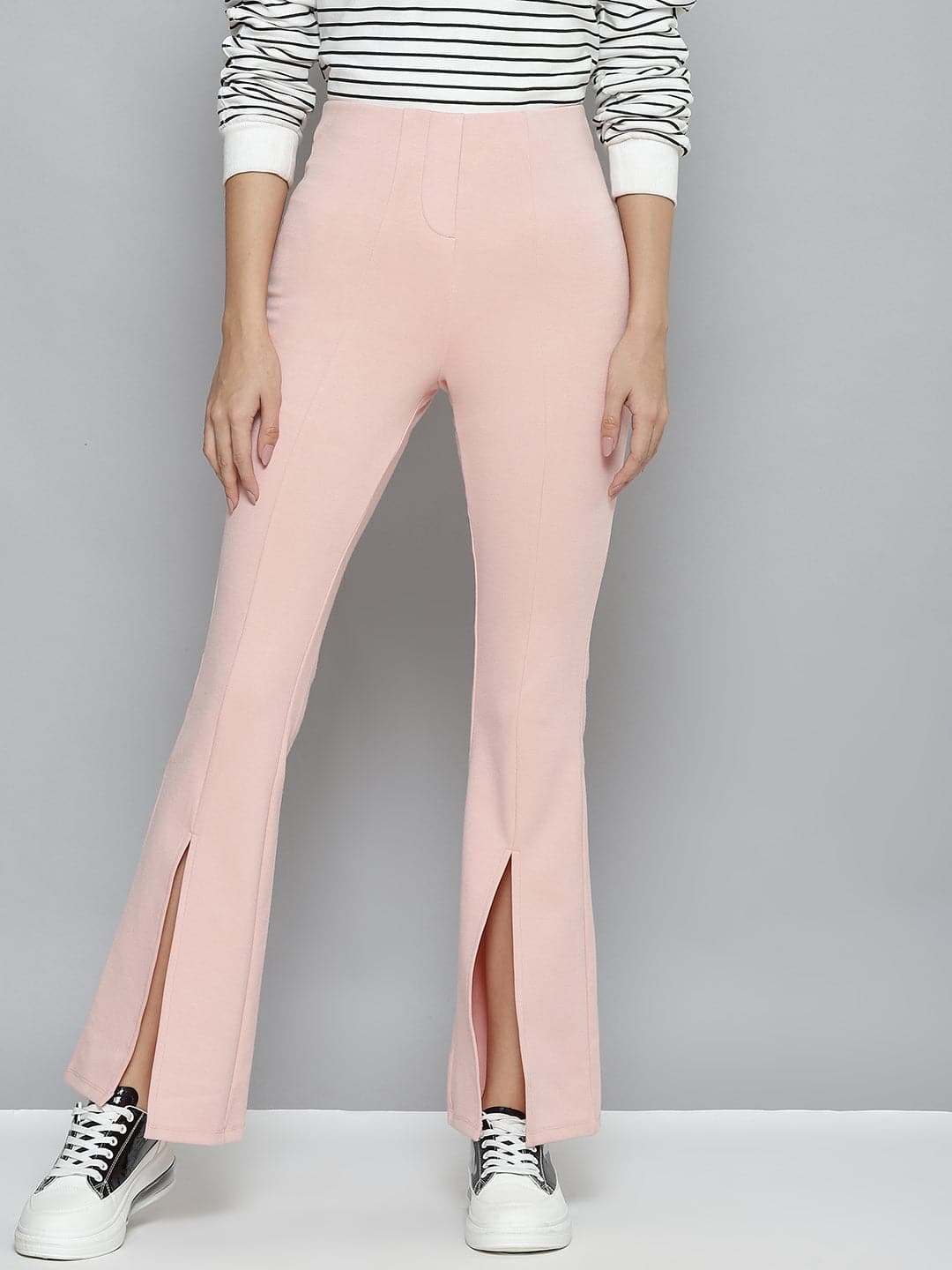 Women Pink Roma Front Slit Bell Bottom Pants-Pants-SASSAFRAS