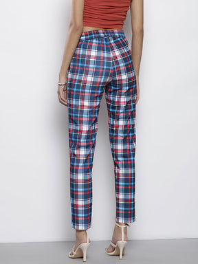 Women Blue Check Knit Tapered Pants