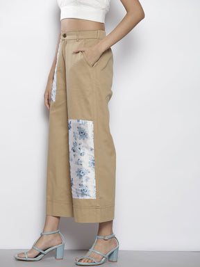 Women Khakhi With Floral Contrast Patch Twill Pants