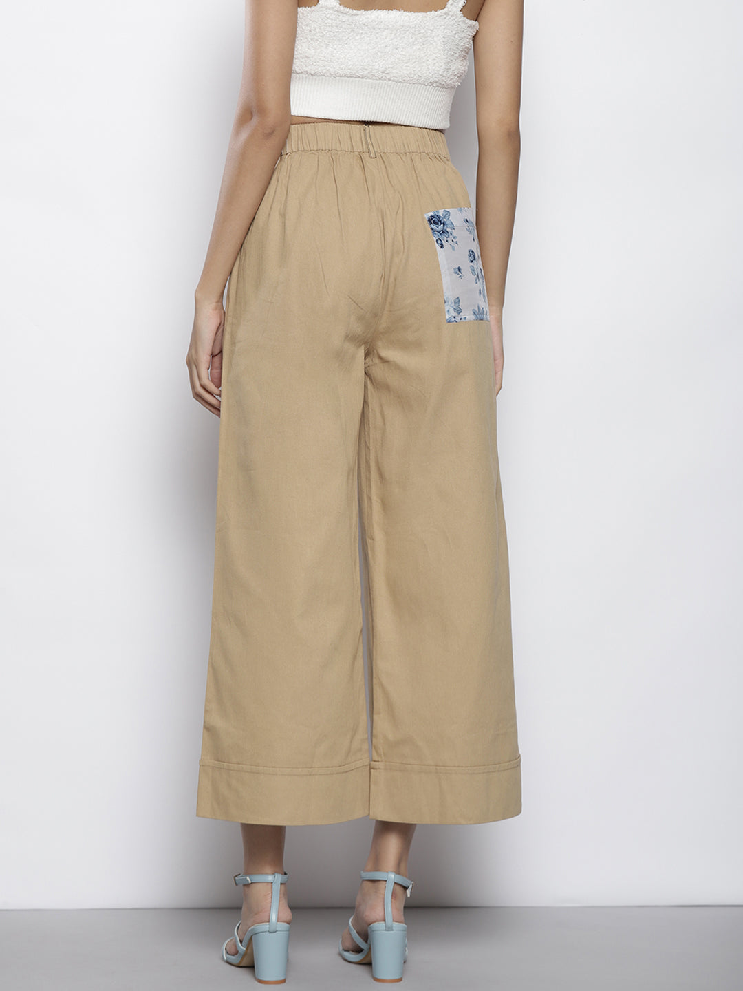 Women Khakhi With Floral Contrast Patch Twill Pants