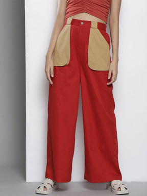 Red Twill Contrast Pouch Pocket Pants-SASSAFRAS