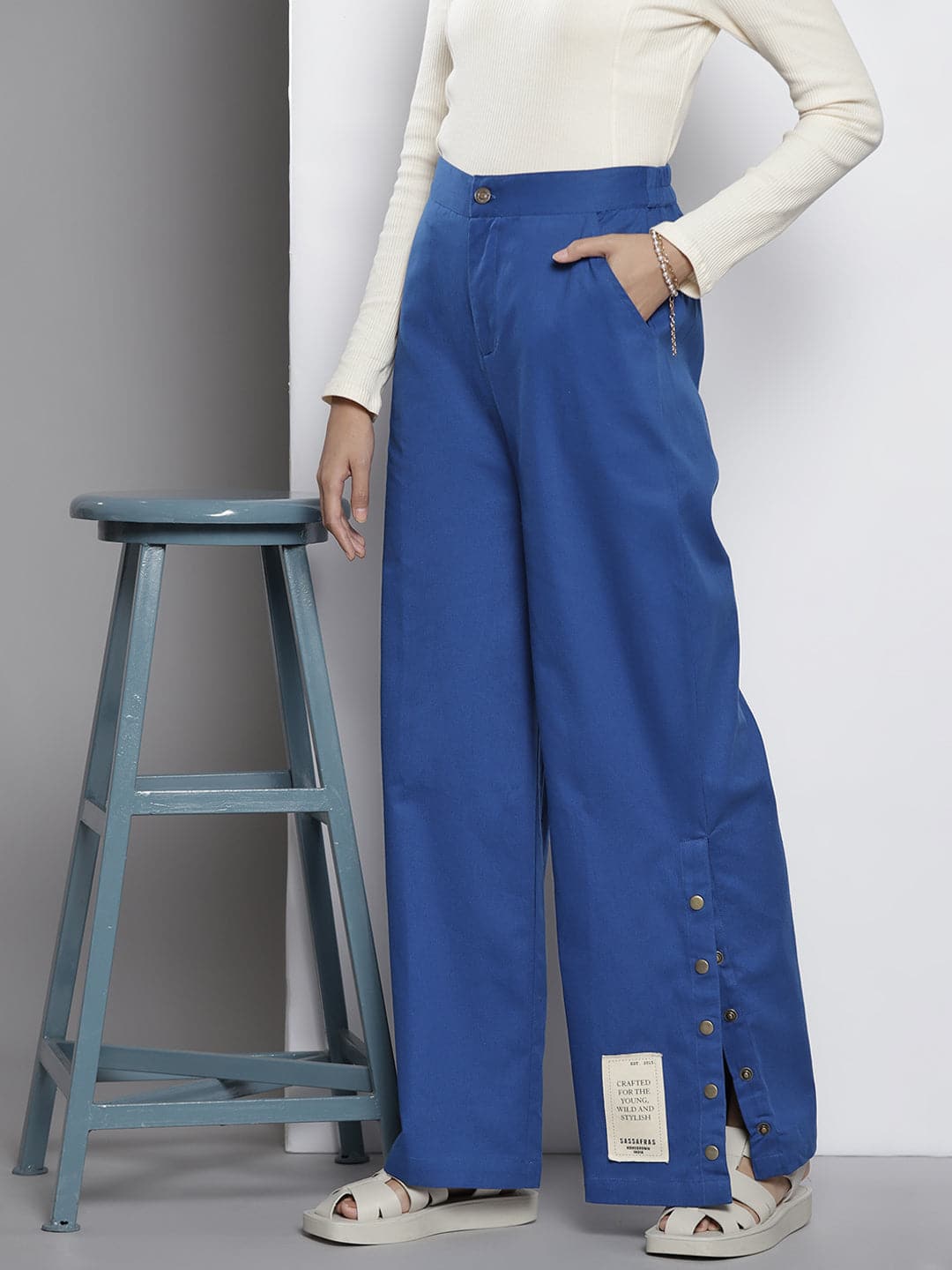 Blue Twill Side Button Pants-SASSAFRAS