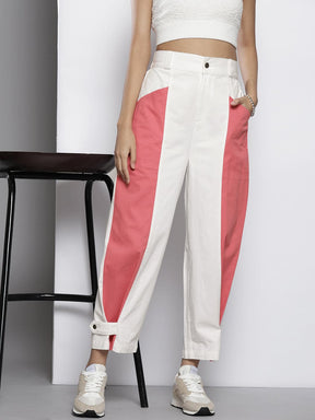 White & Pink Twill Color Block Carrot Fit Pants-SASSAFRAS