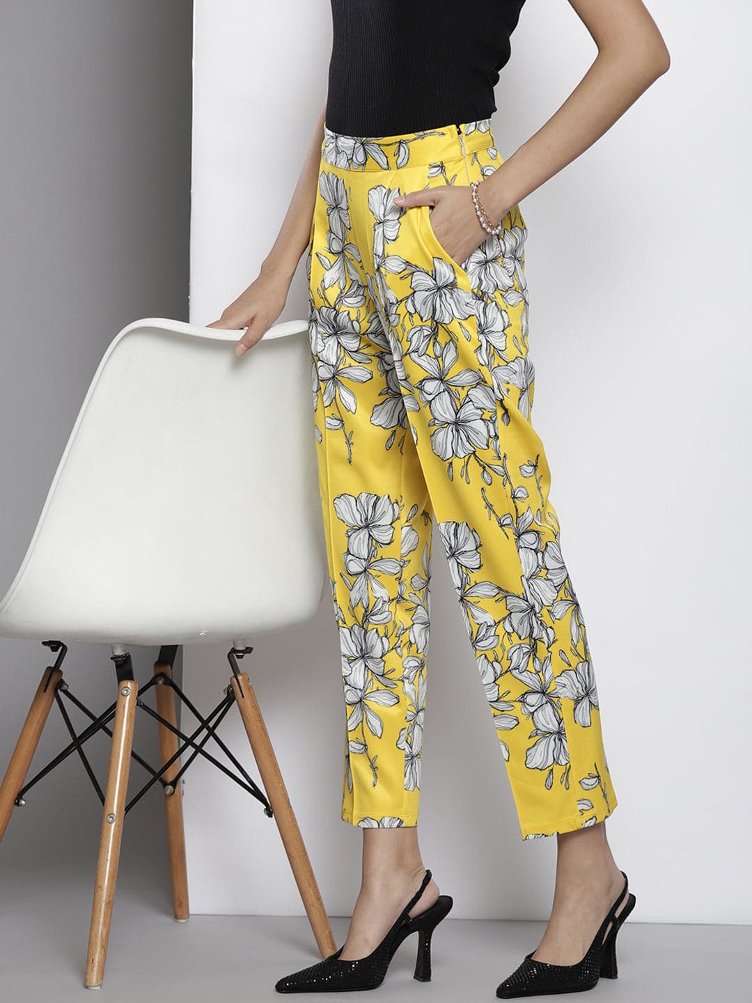 Yellow Floral Scuba Straight Pants-SASSAFRAS