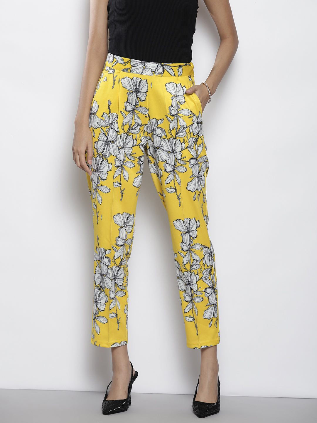 Women Yellow Floral Scuba Straight Pants