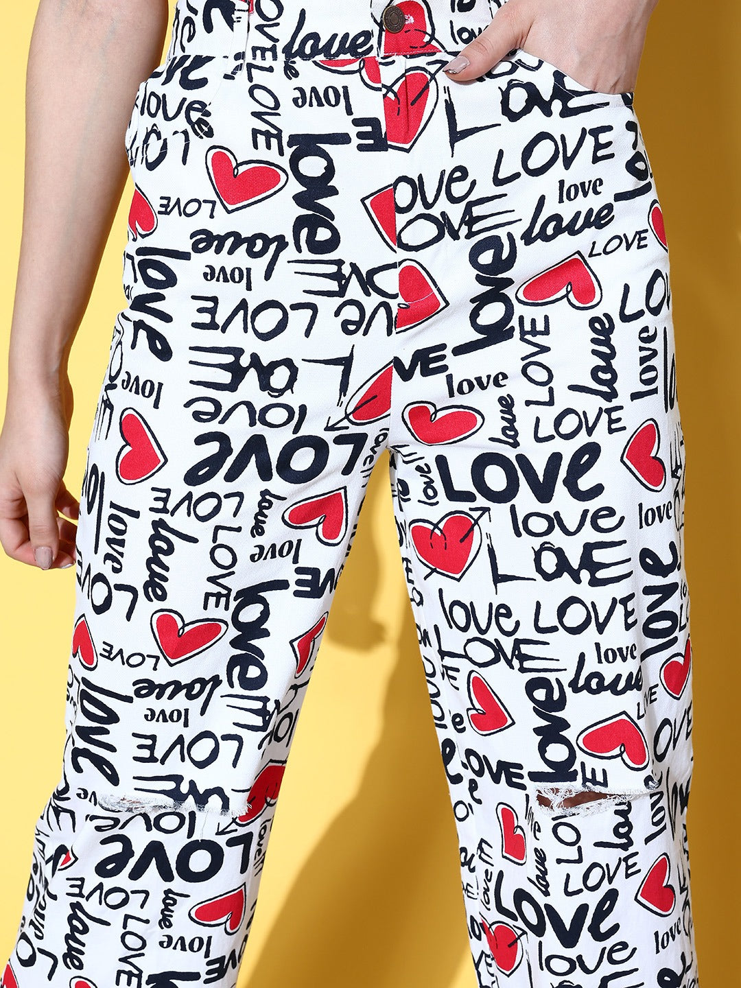 Women Red Love Heart Print Straight Pants