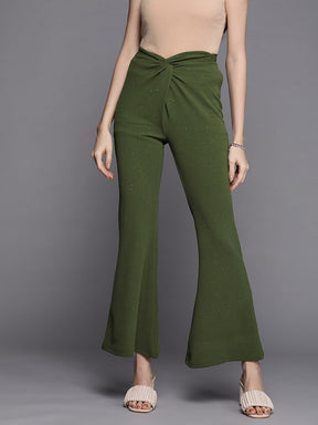 Women Olive Shimmer Twisted Bellbottom Pants