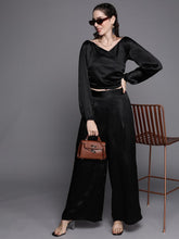 Black Satin Pleated Wide Leg Pants-SASSAFRAS