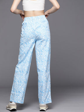 Women Blue Abstract Print Twill Straight Pants