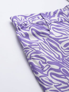 Women Purple Abstract Print Twill Straight Pants