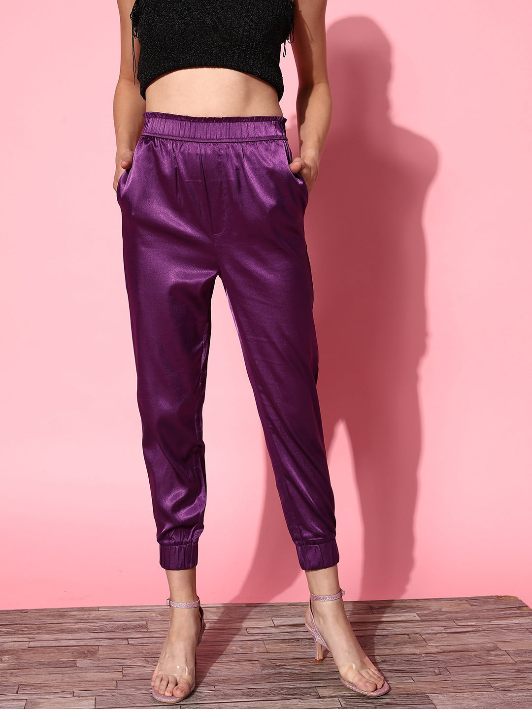 Women Purple Lycra Satin Jogger Pants
