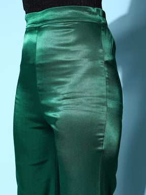 Women Green Lycra Satin Bell Bottom Pants