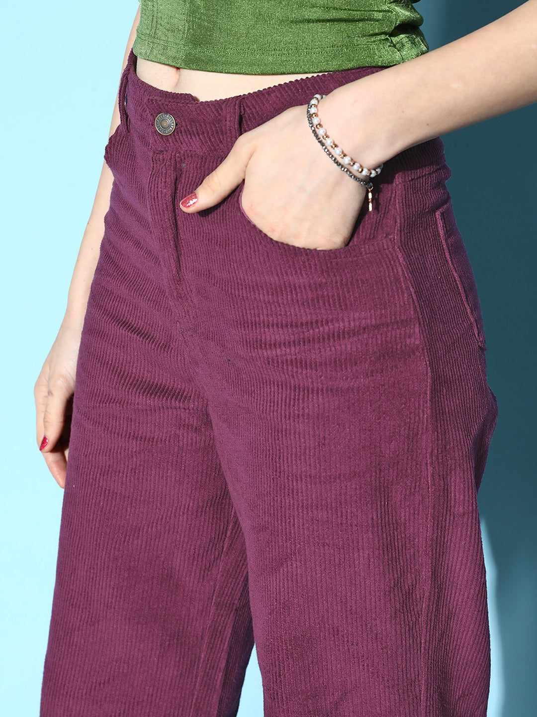 Women Purple Corduroy Straight Pants