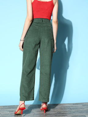 Women Green Corduroy Straight Pants