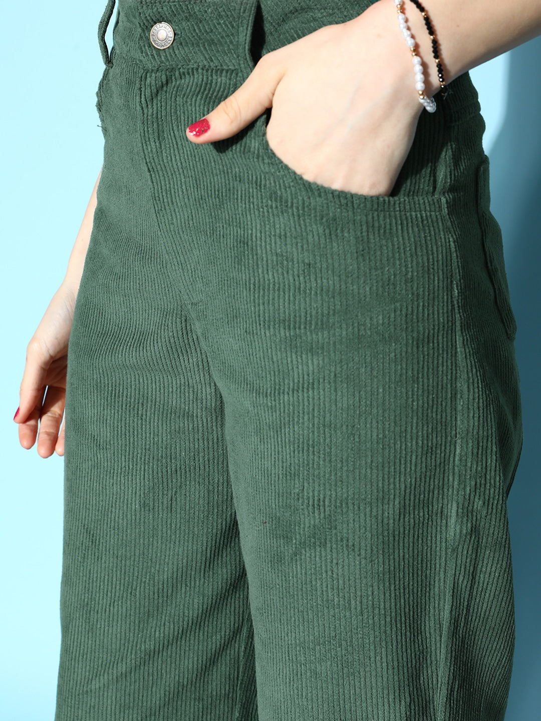 Women Green Corduroy Straight Pants
