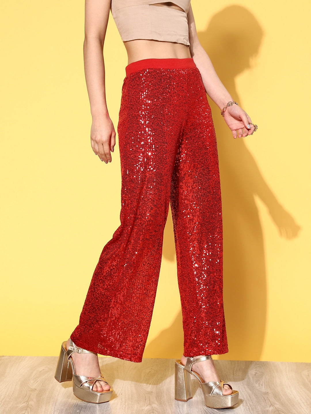 RED Crushed velvet high waisted flares | Womens Trousers | Select Fashion