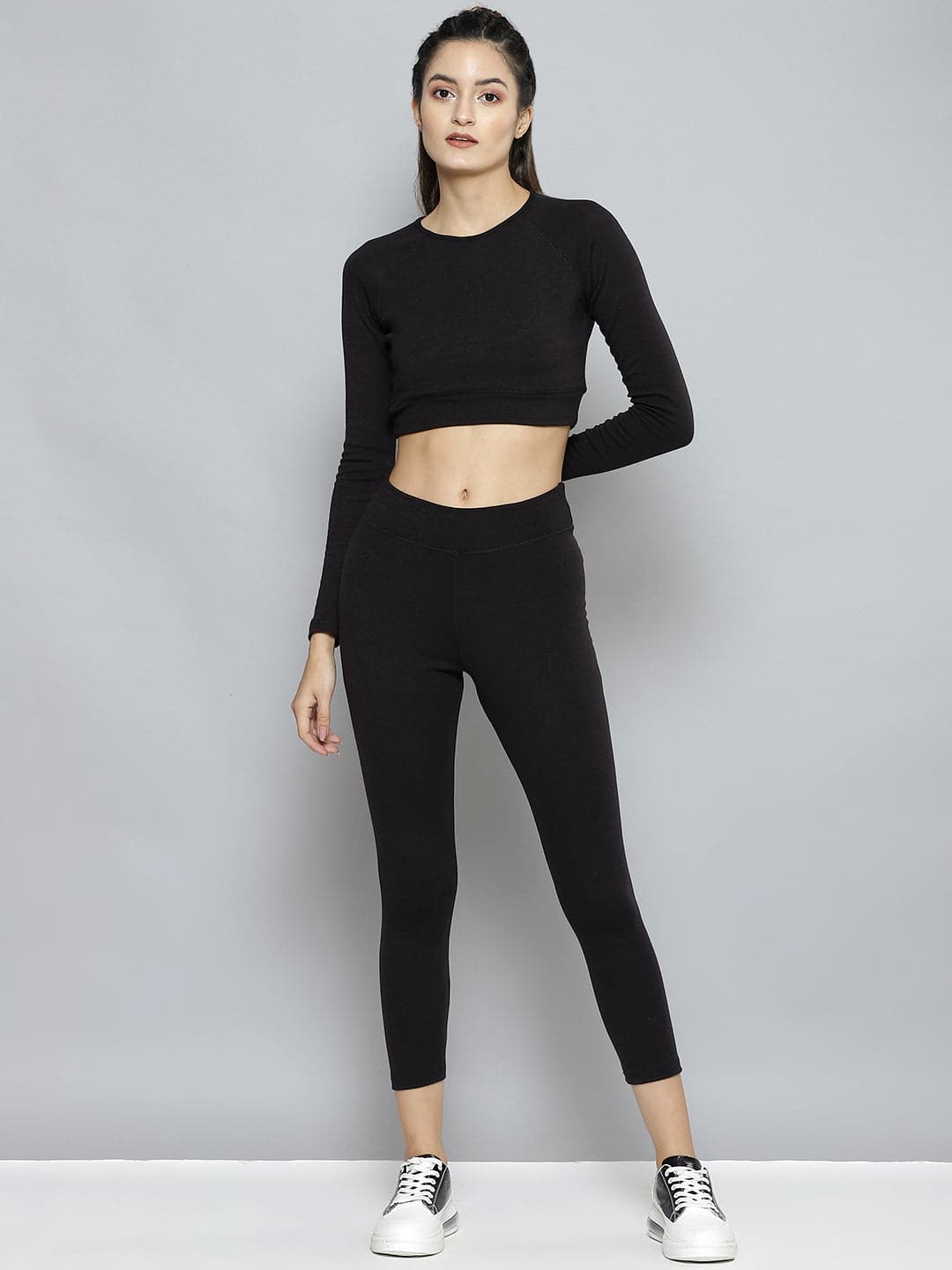 Women Black Rib ACTIVE Crop Top With Tights-Co-Ords-SASSAFRAS